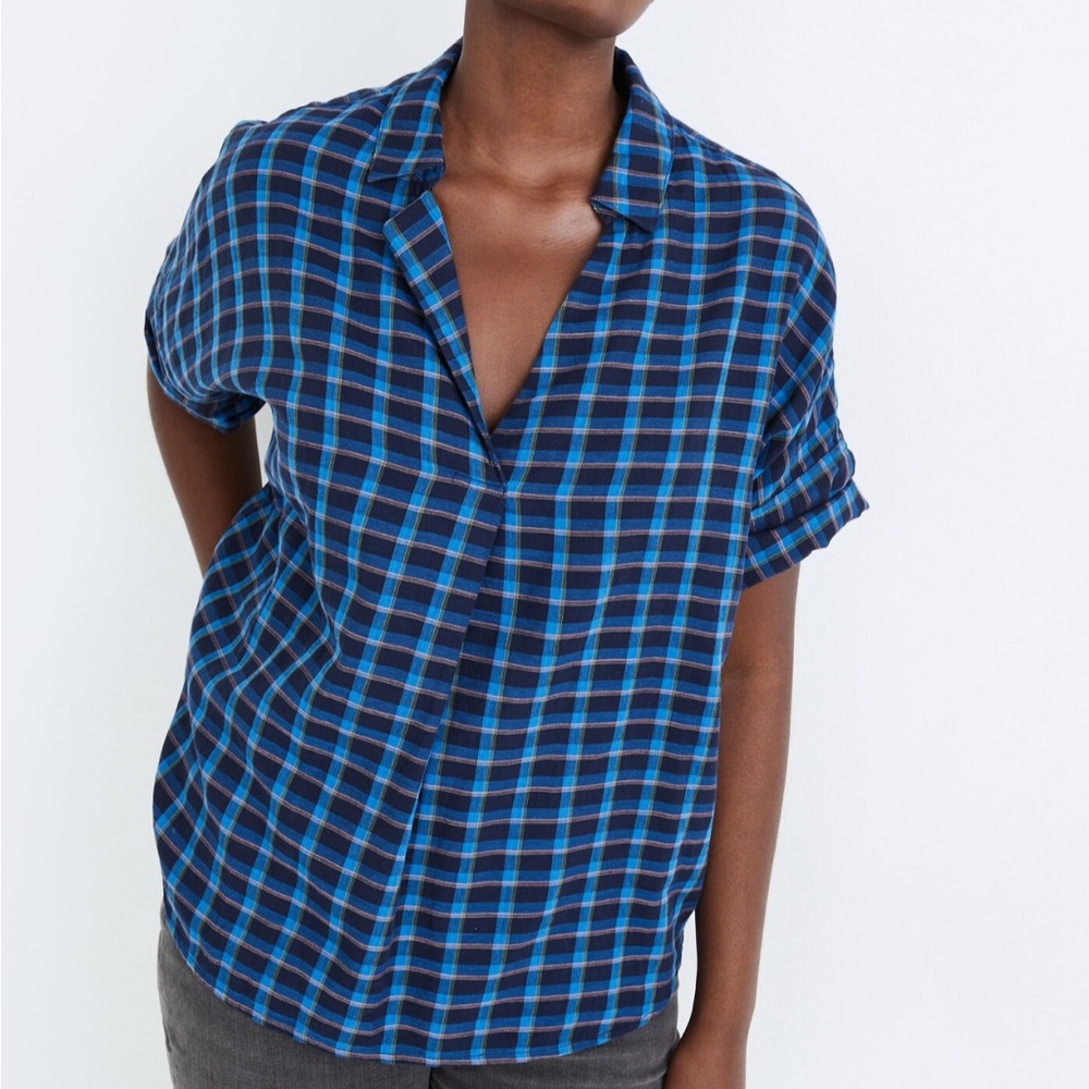 Madewell Blue and Black Plaid Short-Sleeve Buttonless Top